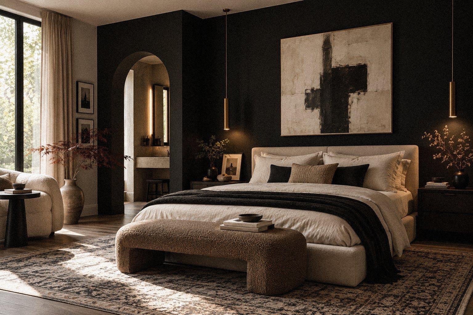 Black accent wall bedroom with cream bedding and layered neutral textiles