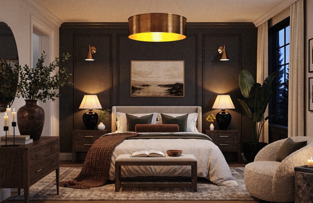 Black bedroom accent wall with layered bedside lighting and warm sconces