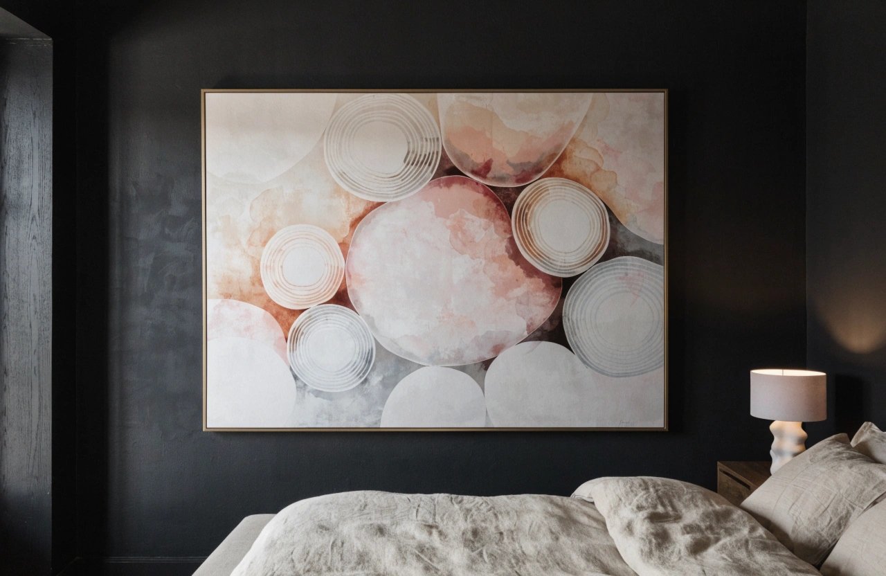 Black bedroom wall styled with framed artwork above a neutral upholstered bed