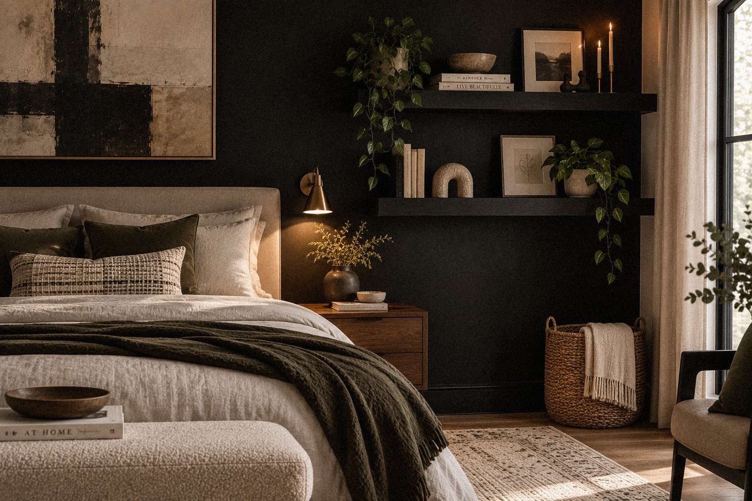 Black floating shelves styled on a black accent wall in a modern bedroom