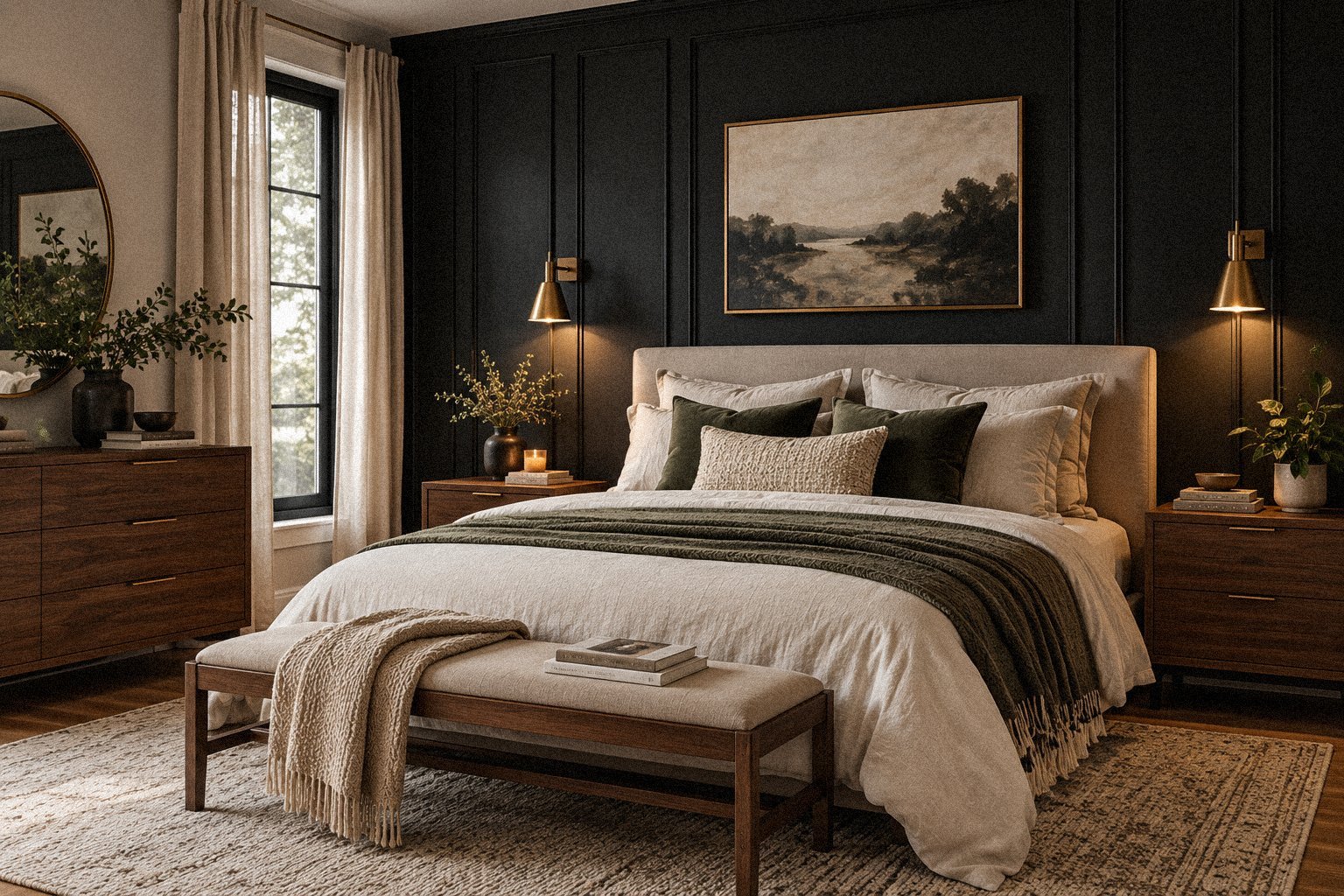 Black accent wall bedroom with warm wood nightstands and cream bedding