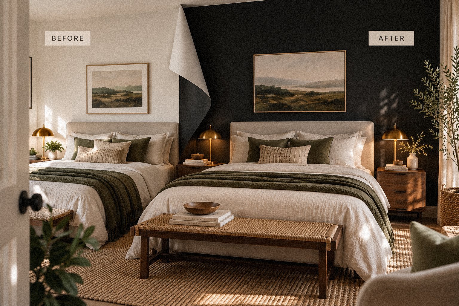 Removable black wall treatment shown as a before and after bedroom update
