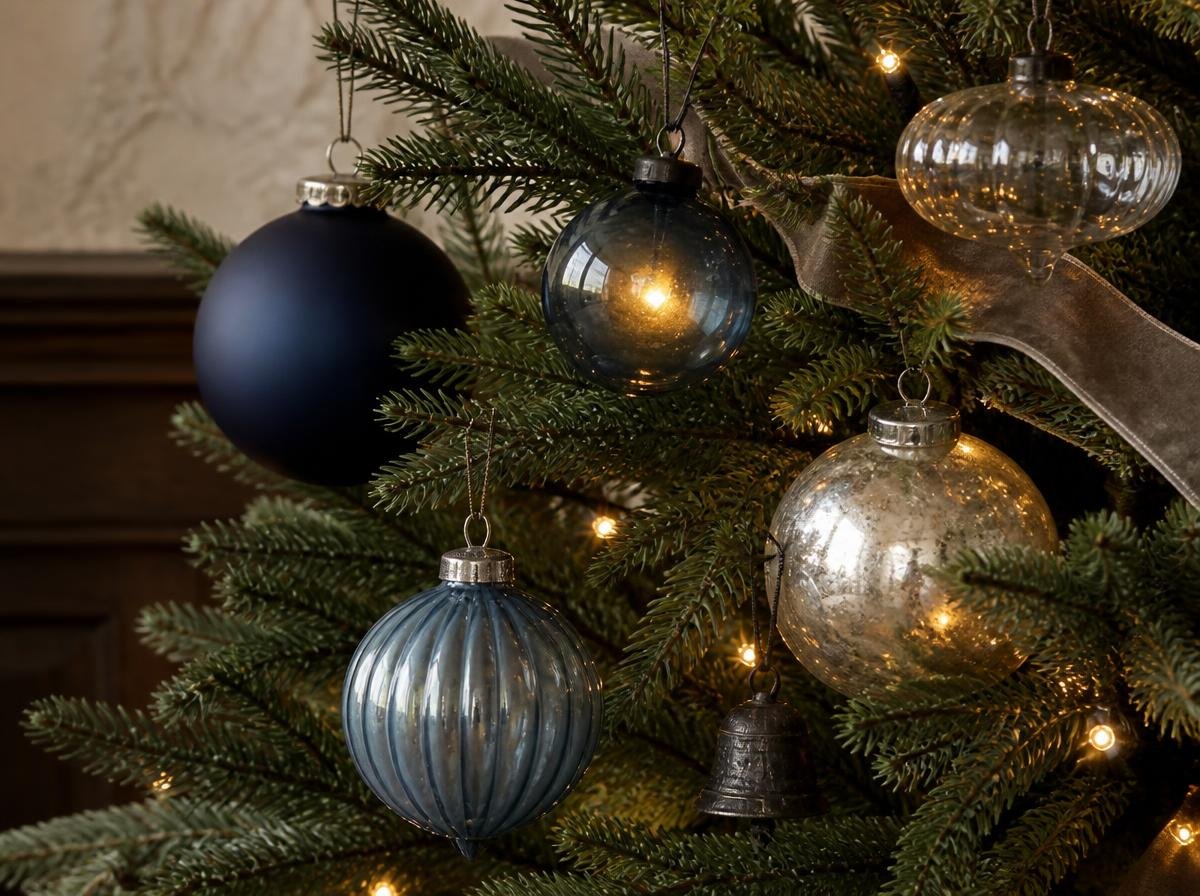 Blue and silver Christmas tree with navy ornaments and warm white lights