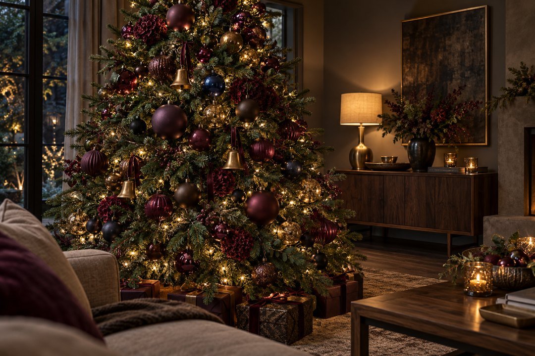 Gold and champagne Christmas tree with aged brass and soft metallic ornaments