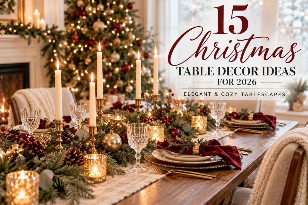Elegant Christmas table decor with burgundy accents, evergreen greenery, candlelight and warm holiday styling.