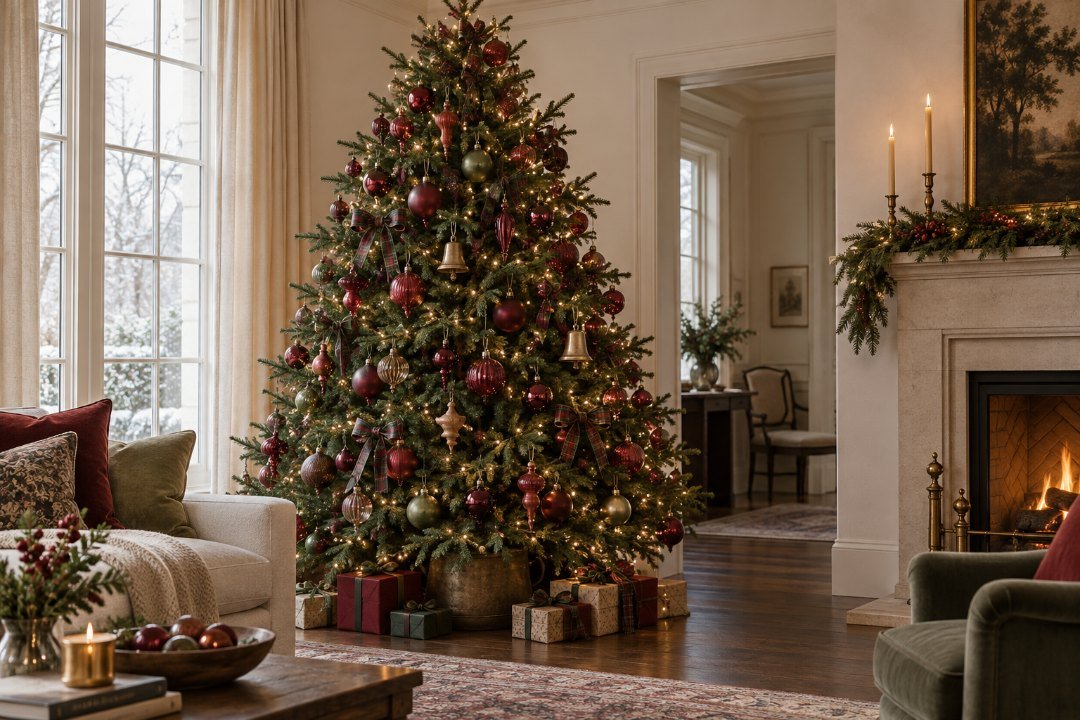 Classic red and green Christmas tree with cranberry accents and warm brass