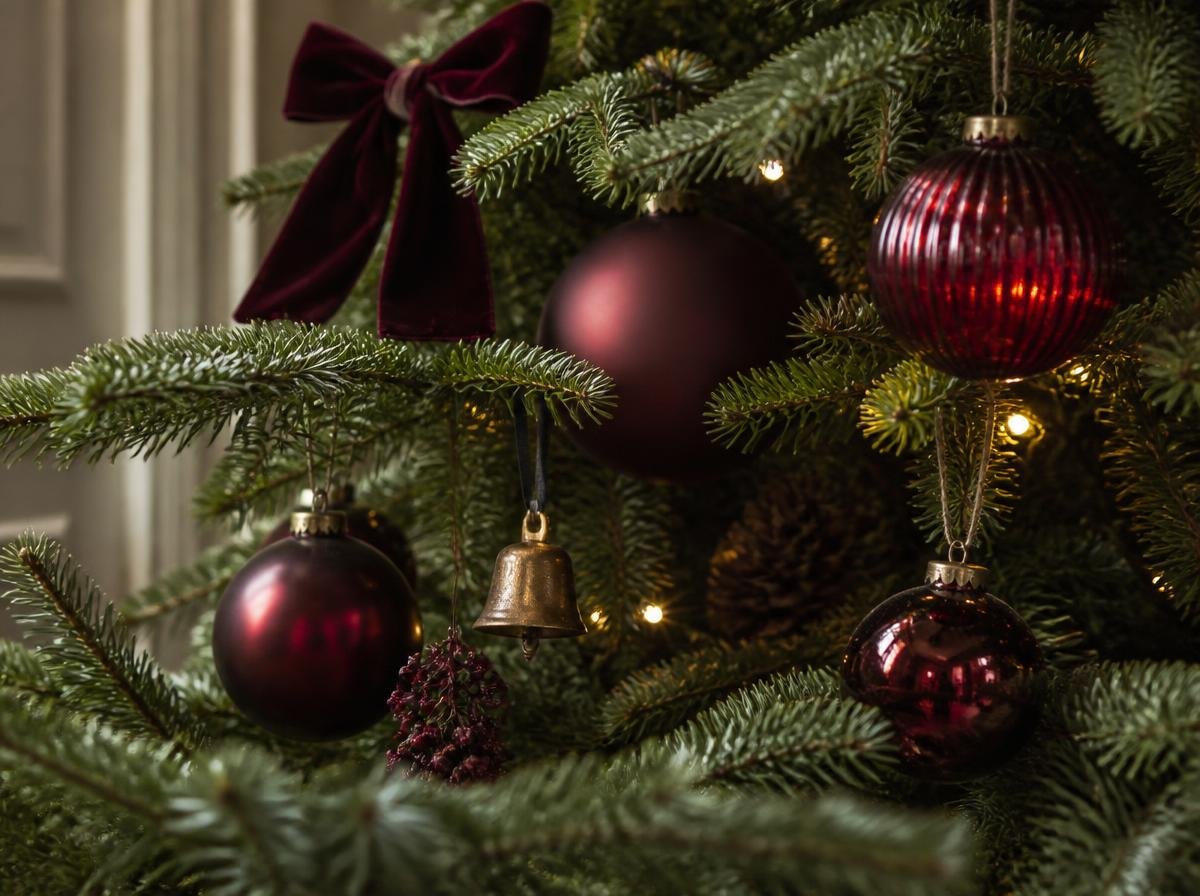 Burgundy and deep red Christmas tree with warm brass and gold accents