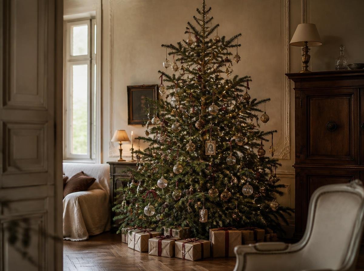 Old-world European Christmas tree with collected glass ornaments and warm lights