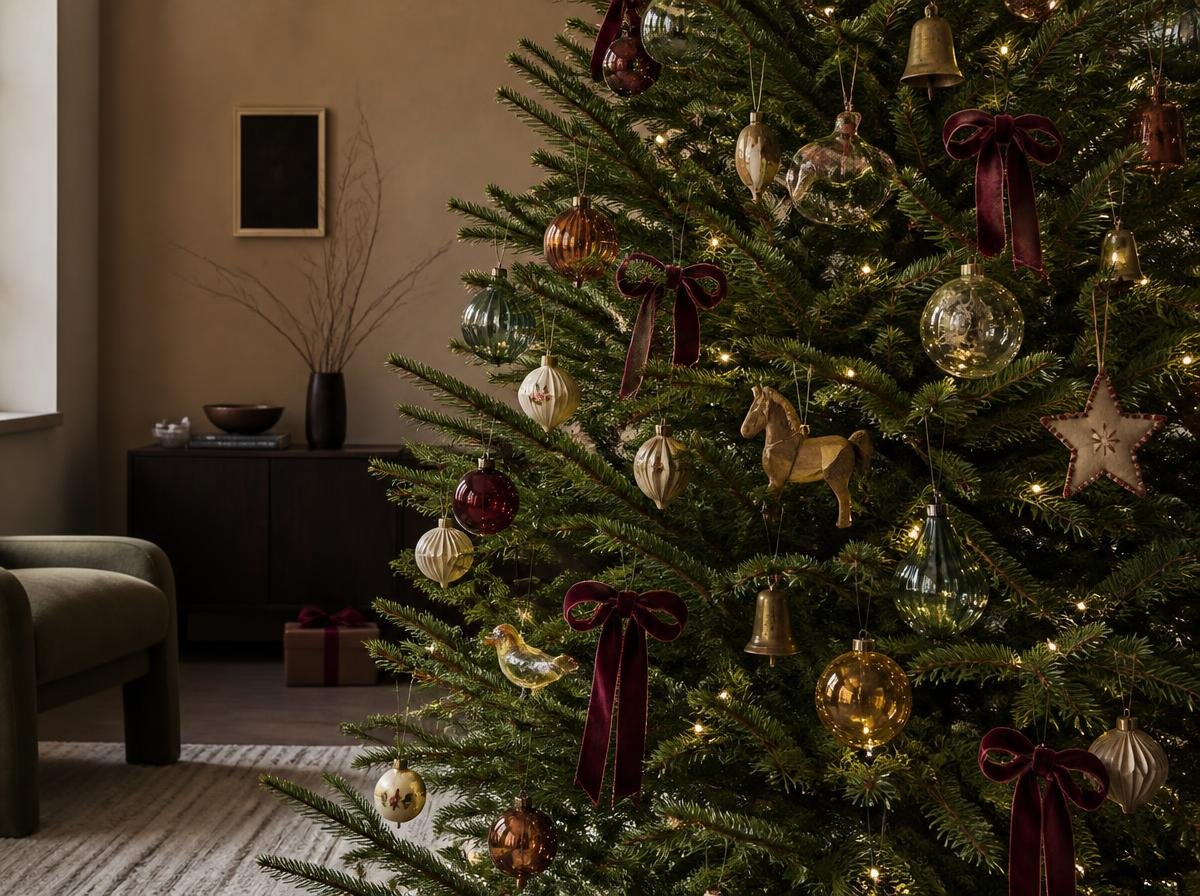 Collected ornament Christmas tree with sentimental and vintage-style decorations