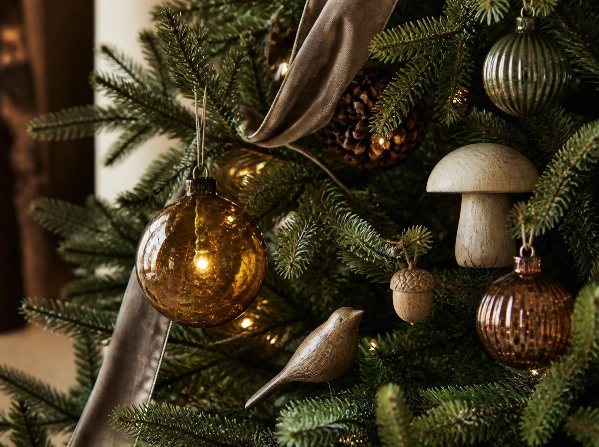 Woodland-inspired Christmas tree with pinecones, wood ornaments and natural textures