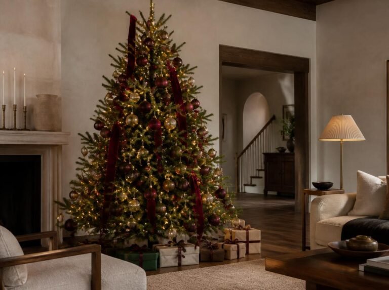 Elegant Christmas tree decorated with burgundy, gold and warm neutral ornaments in a sophisticated living room