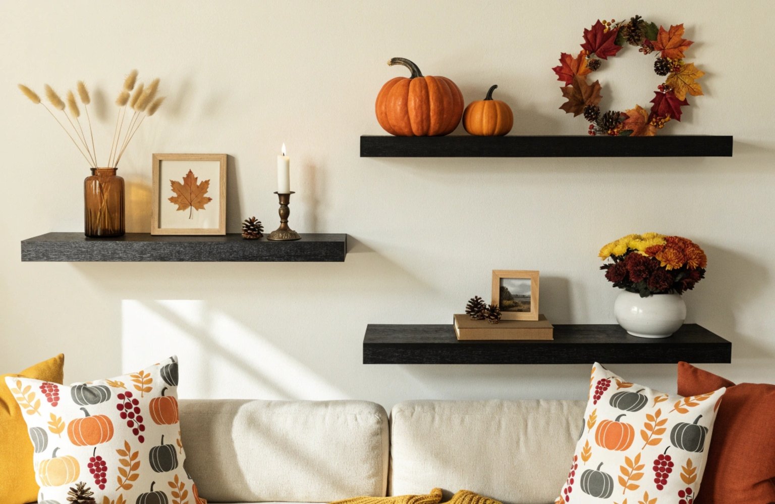 Black floating shelves styled with framed art and decor on a dark wall