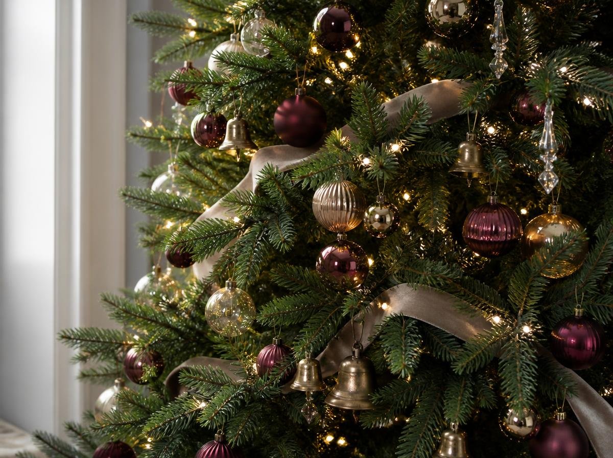 Layered Christmas tree with ribbon and ornaments in varied sizes and depths