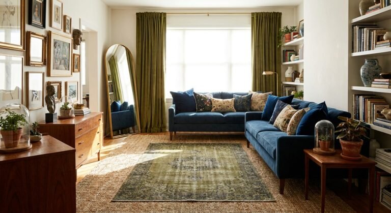 Layered maximalist living room with jute rug, vintage-style rug, velvet pillows, olive curtains and gold arched mirror