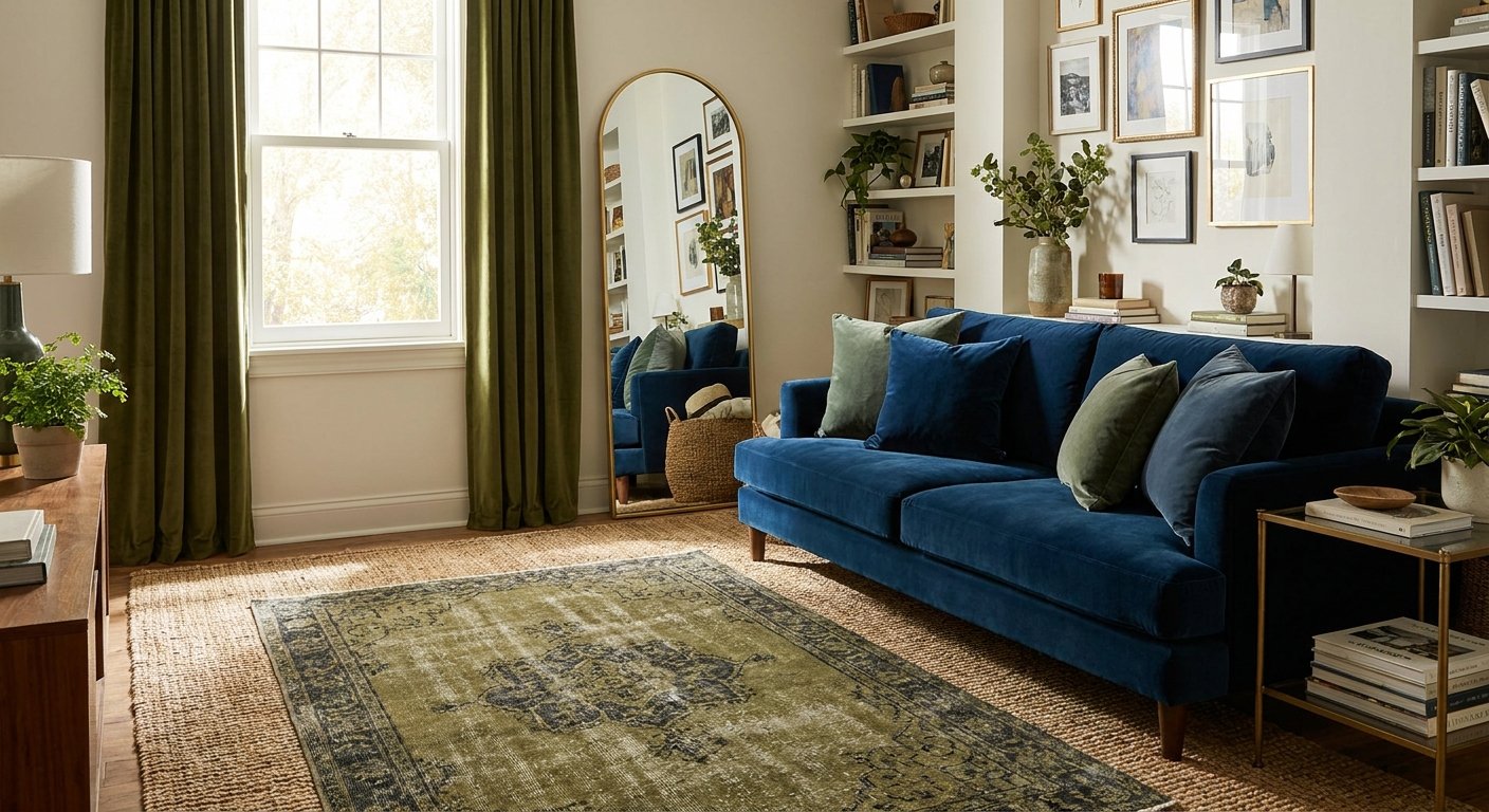 Maximalist sofa vignette with dark blue velvet pillows, patterned cushions and layered rugs