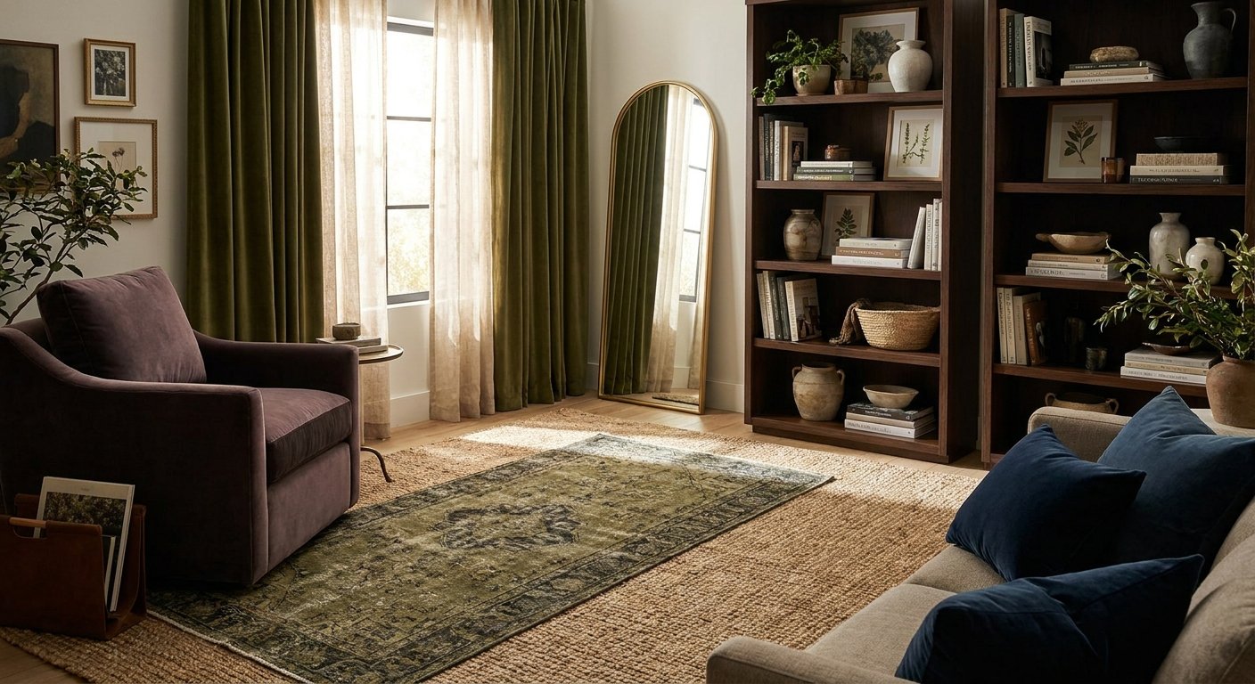 Elegant maximalist living room with olive velvet curtains, gallery art and gold arched full-length mirror