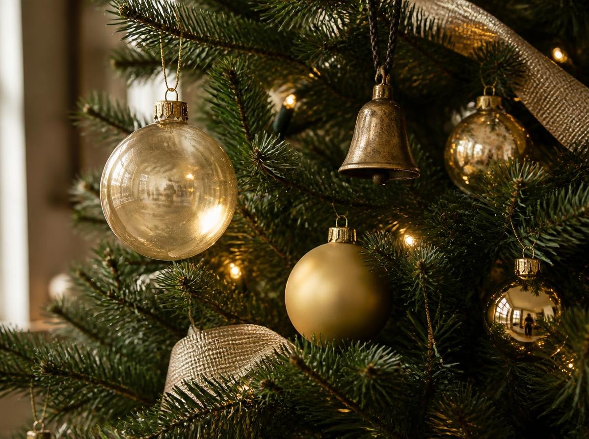 Natural Christmas tree decor with wood, pinecones and warm white lights