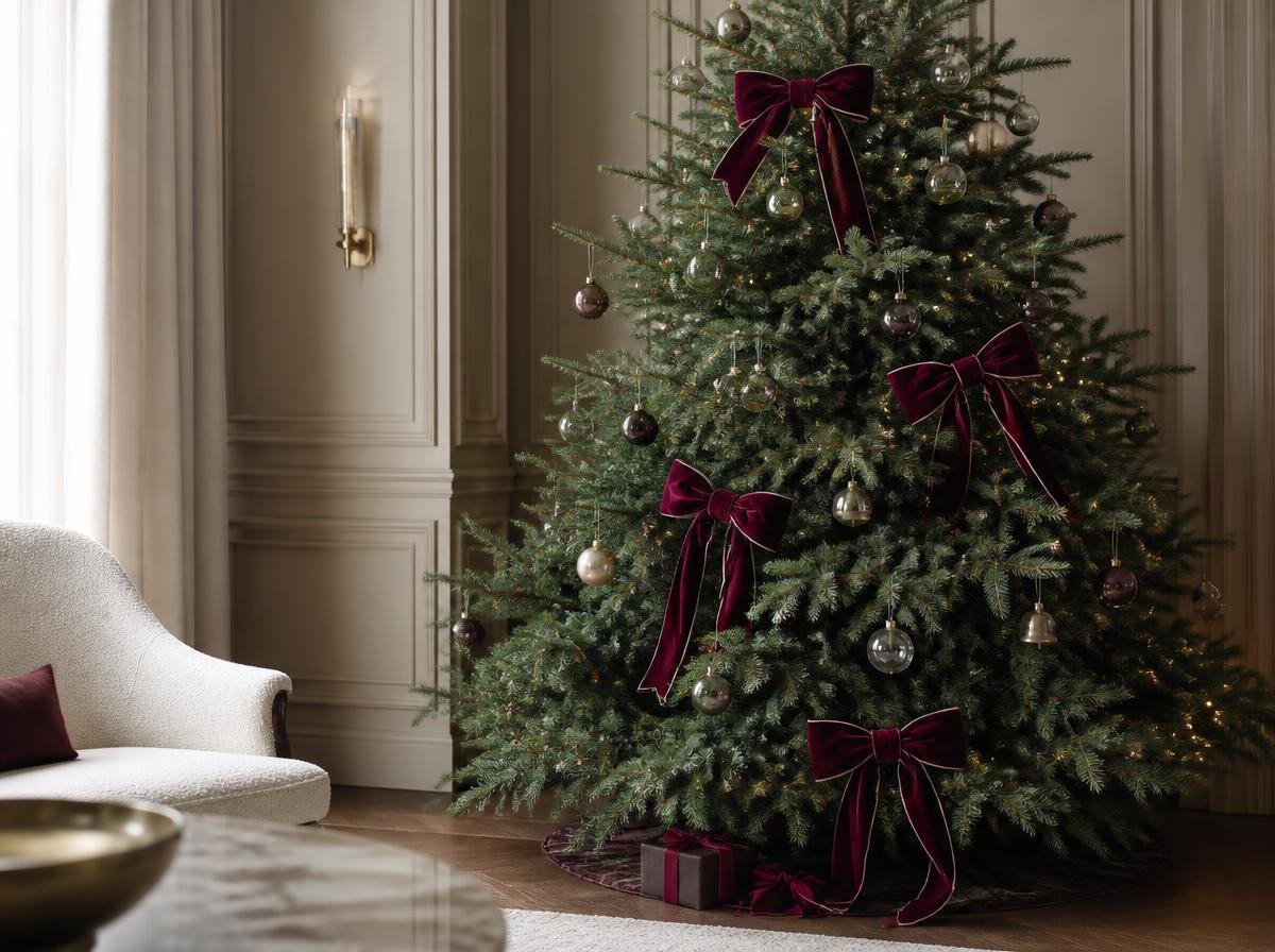 Elegant Christmas tree with wide velvet ribbon woven through deep green branches
