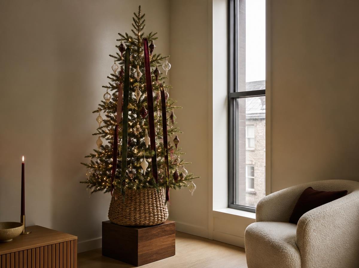 Small Christmas tree styled for a compact living room