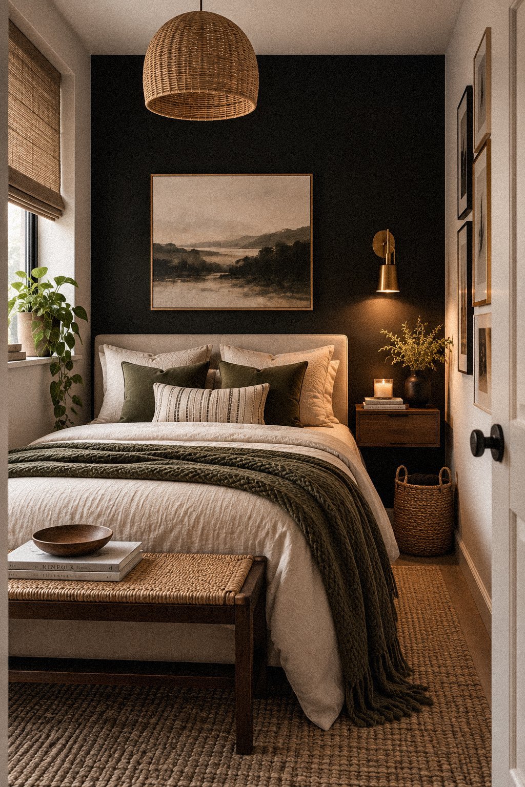 Small bedroom with a black accent wall, light bedding and space-saving furniture
