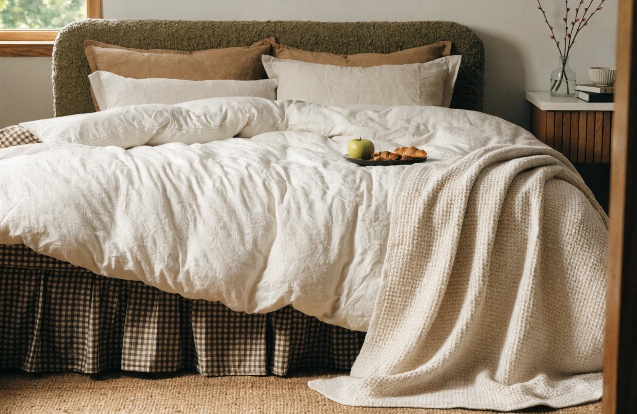 Neutral beige duvet cover styled in a warm modern bedroom