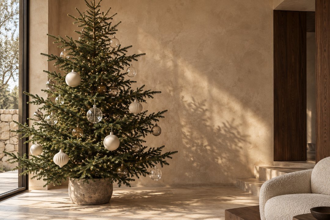Minimalist Christmas tree with simple ornaments and warm white lights