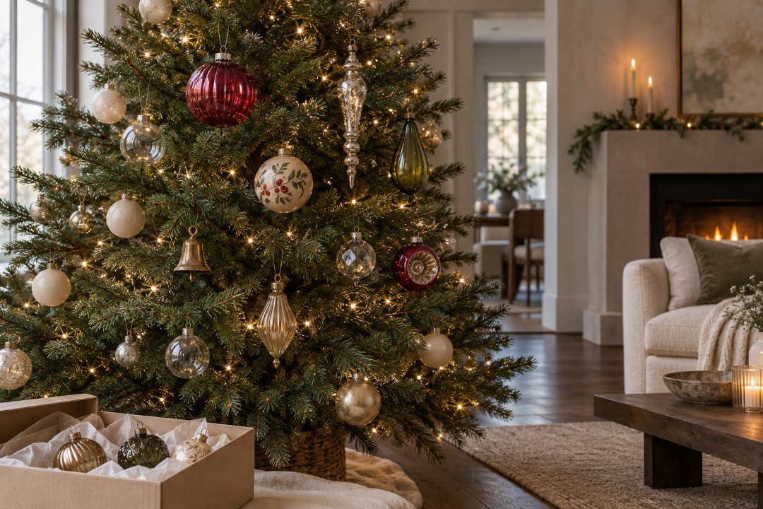 Warm neutral Christmas tree with ivory, taupe and champagne decorations