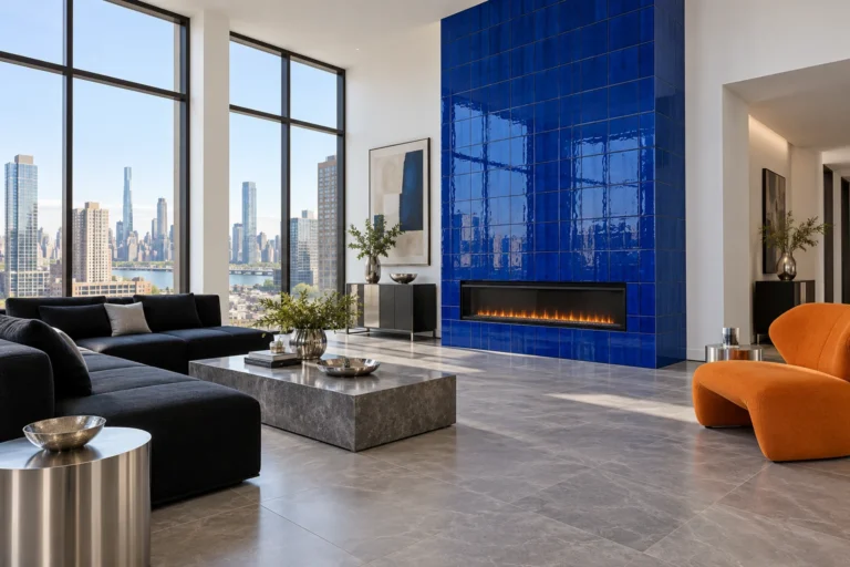 Cobalt tiled electric fireplace with a tangerine chair in a modern living room