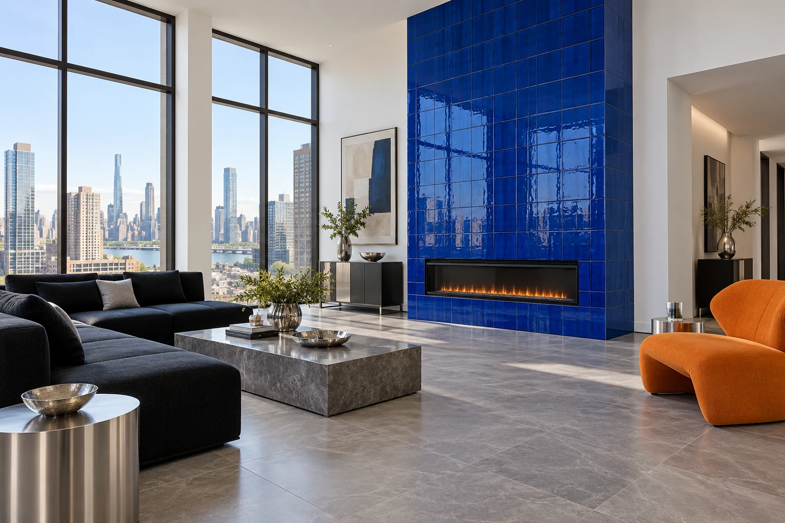 Cobalt tiled electric fireplace with a tangerine chair in a modern living room