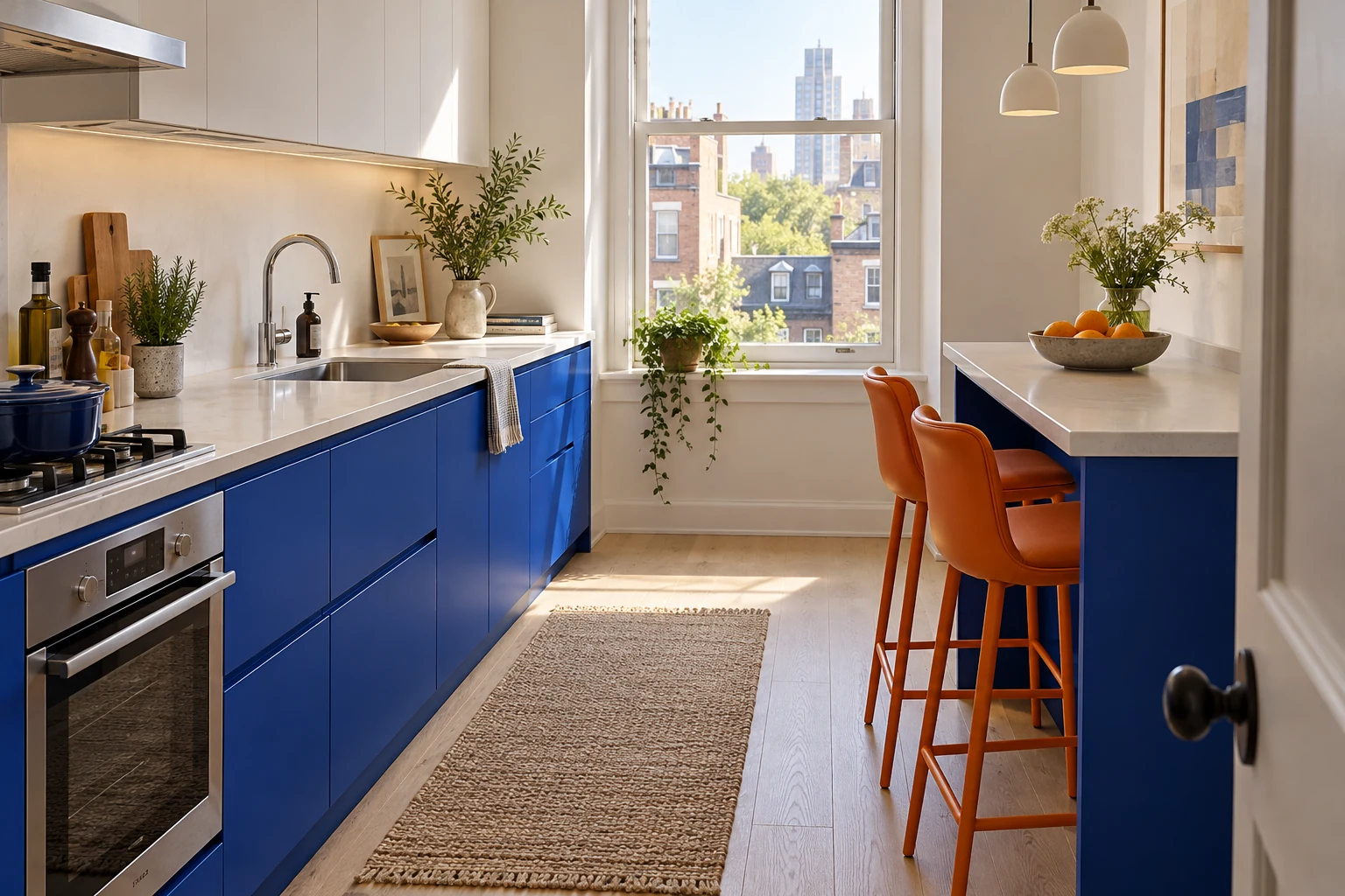 Compact galley kitchen with cobalt blue lower cabinets, white counters and tangerine stools.