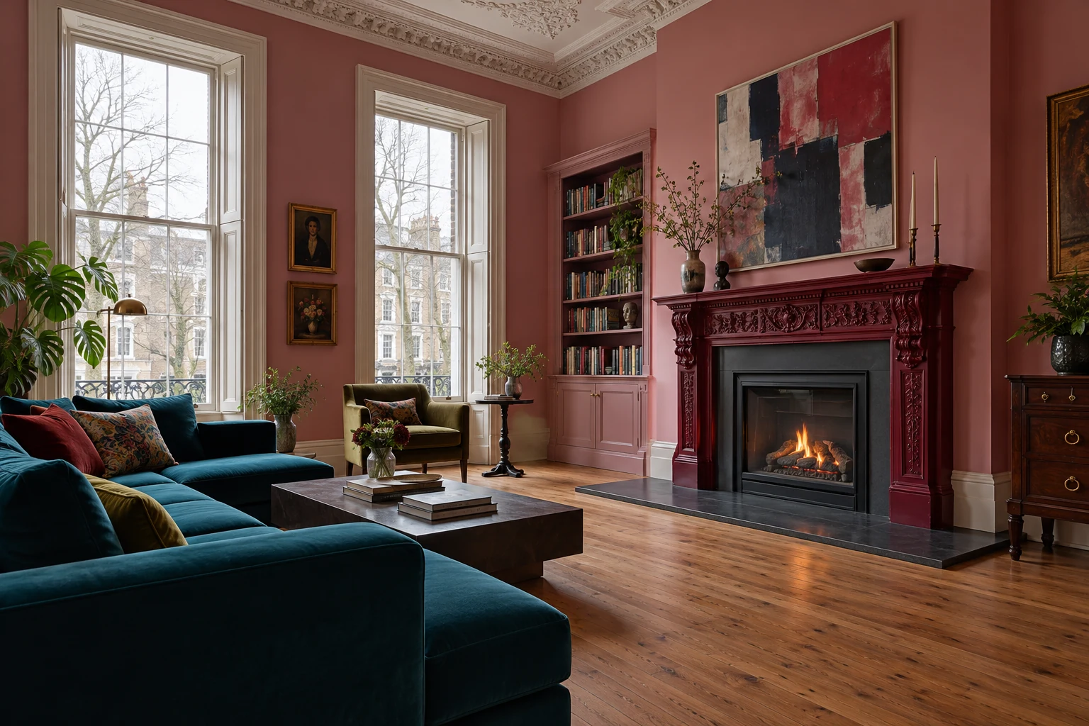 Burgundy carved fireplace mantel with pink walls and a petrol-blue sofa