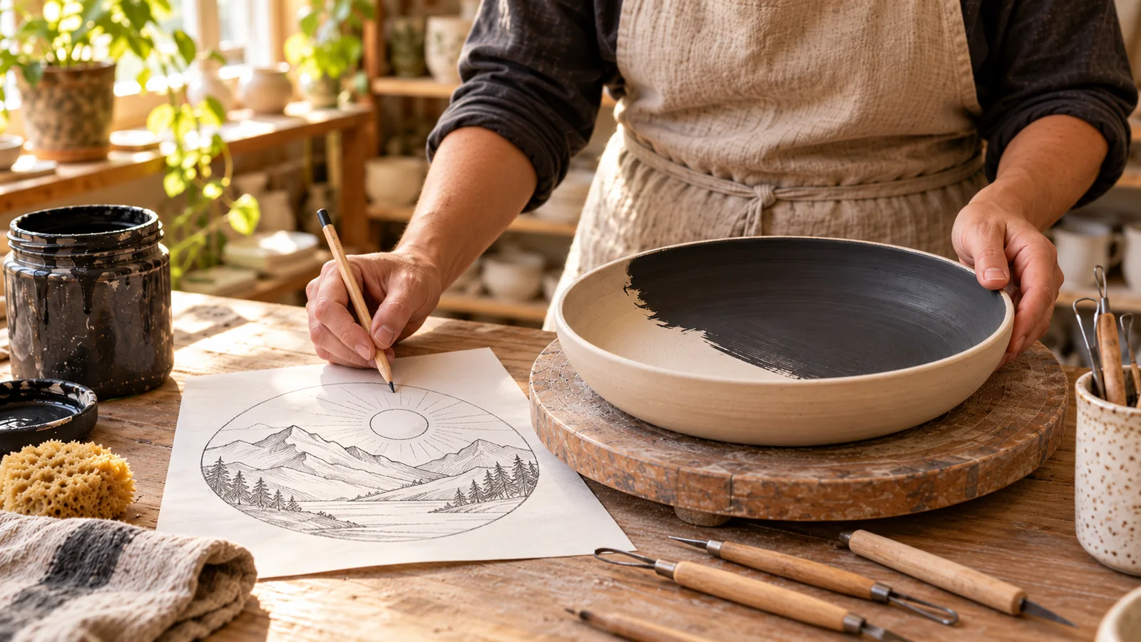Illustration of a ceramic artist brushing black underglaze inside a shallow pale clay bowl