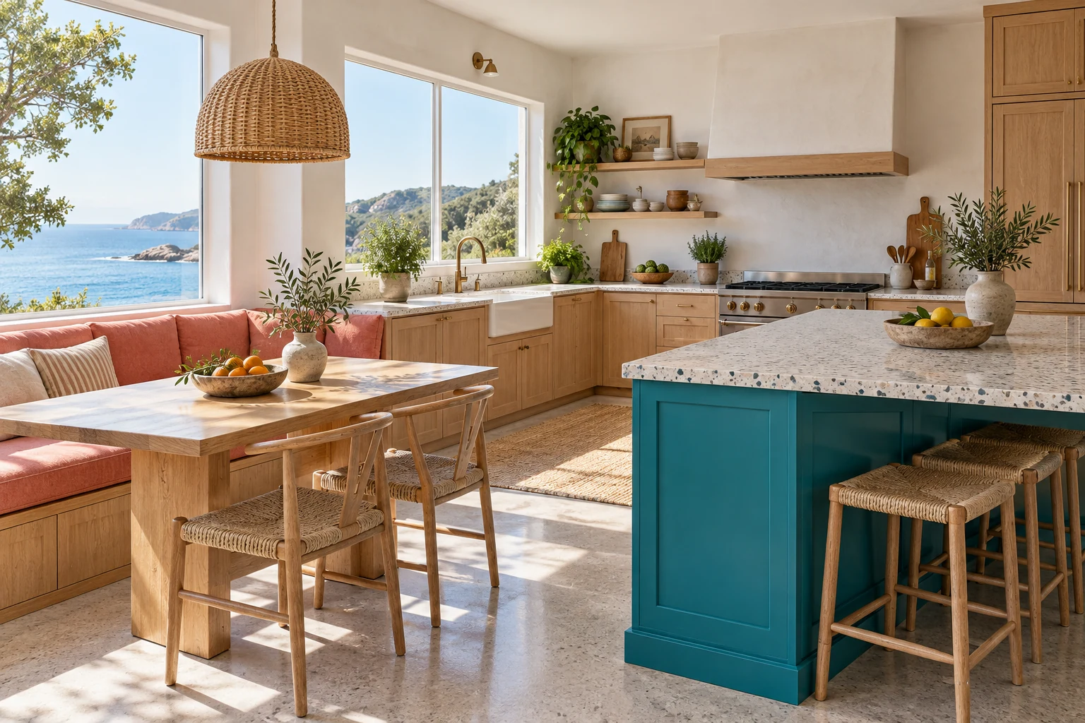 Turquoise kitchen island with coral banquette seating and pale terrazzo surfaces.