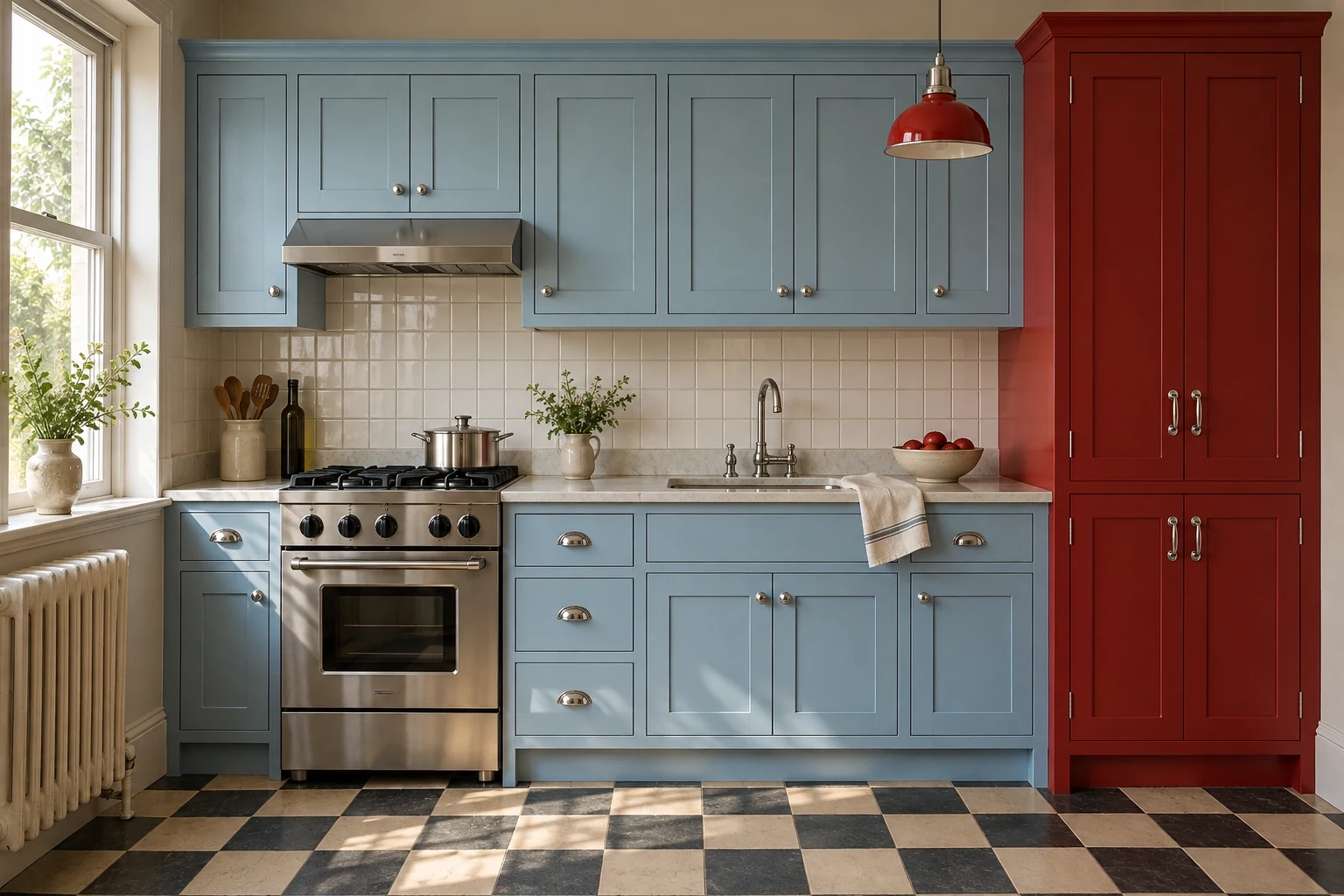 Retro kitchen with powder blue cabinets, cherry red pantry and chrome details.