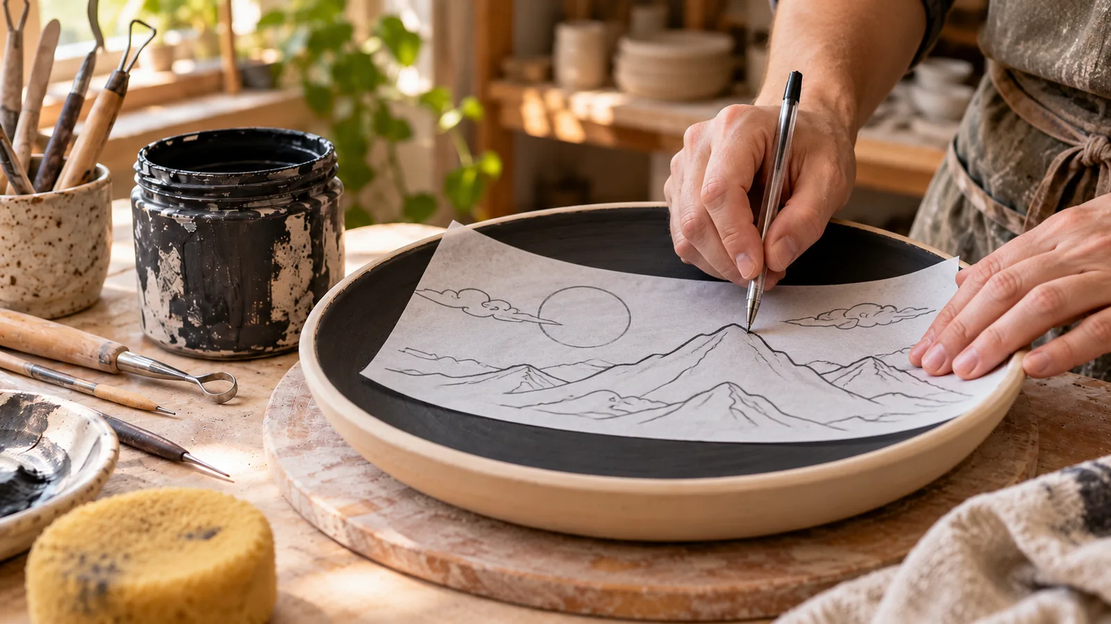 Illustration of hands tracing a mountain design through paper onto dark underglaze on a clay dish