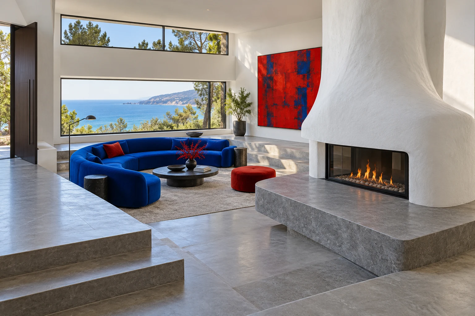 Curved white plaster fireplace beside an electric-blue sofa and red artwork