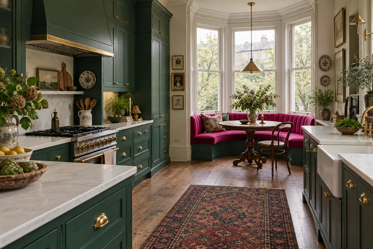 Emerald kitchen cabinets beside a fuchsia banquette and quiet white counters.