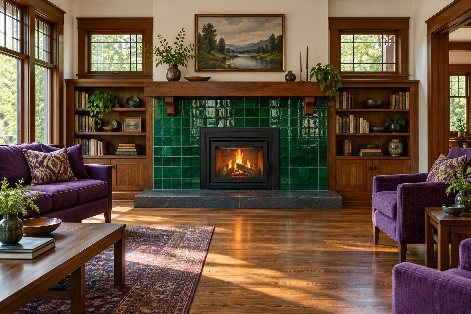 Emerald tiled fireplace with violet seating and walnut woodwork