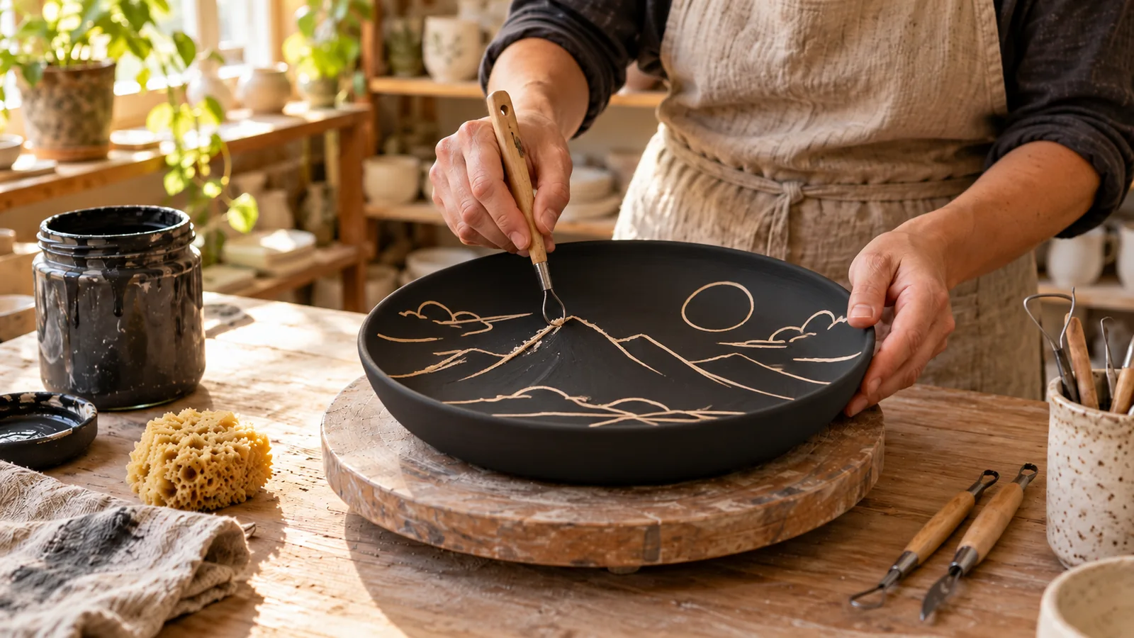 Illustration of a potter carving fine mountain outlines through black underglaze into pale clay