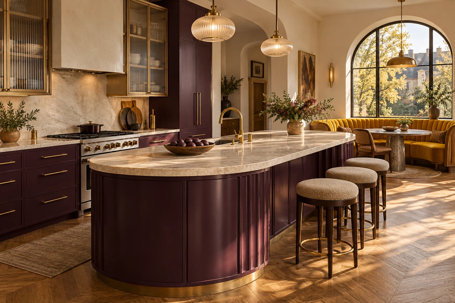 Art Deco kitchen with an aubergine curved island and saffron dining nook.