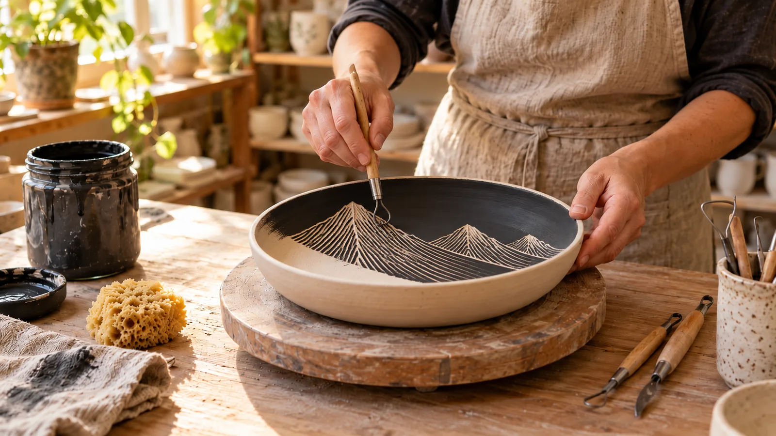 Illustration of a potter carving thin parallel hatching lines into a dark ceramic mountain design