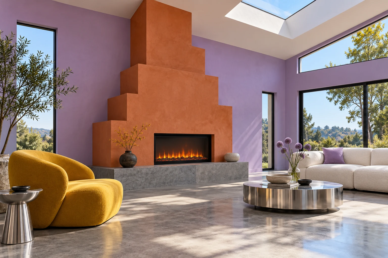 Orange stepped fireplace surround against lilac walls with a saffron chair