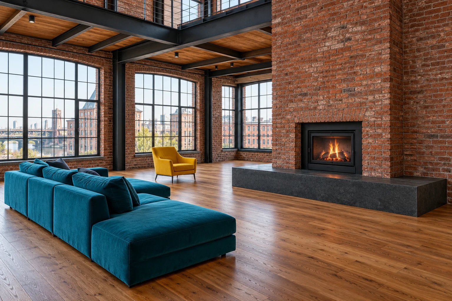 Red brick loft fireplace with a turquoise sofa and yellow chair