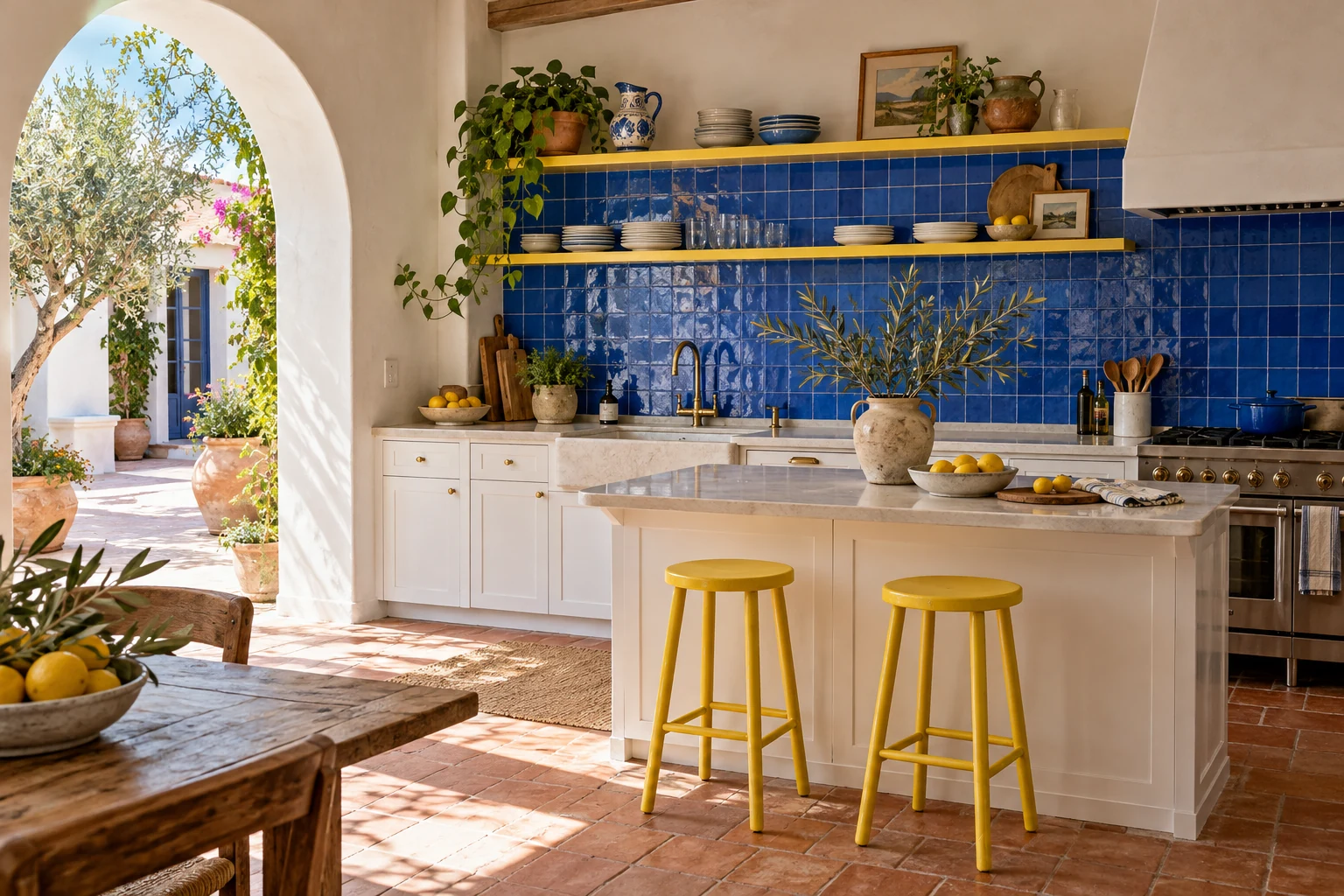 Mediterranean kitchen with electric blue backsplash, lemon accents and terracotta floor.