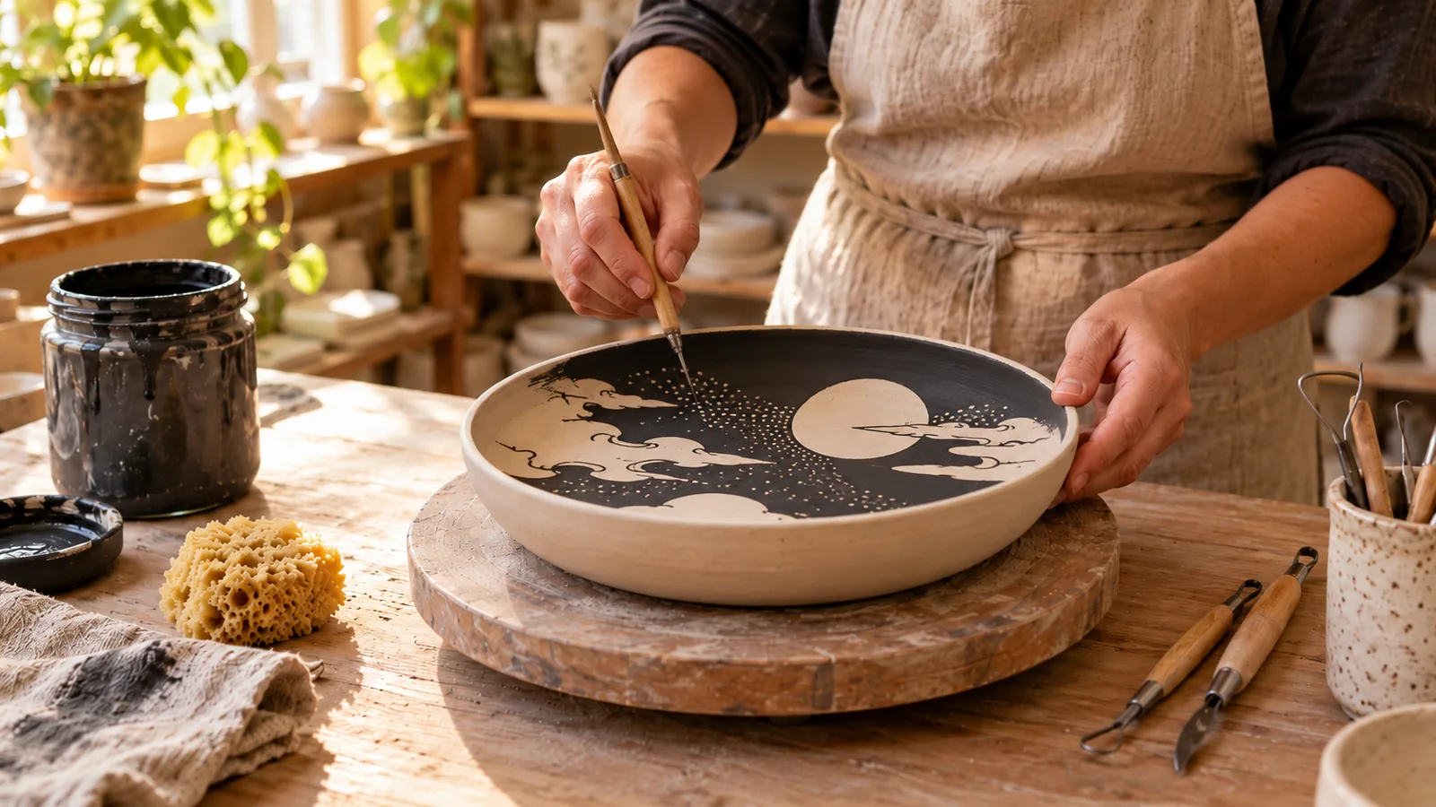 Illustration of a fine carving tool adding dotted marks around clouds on a black sgraffito dish