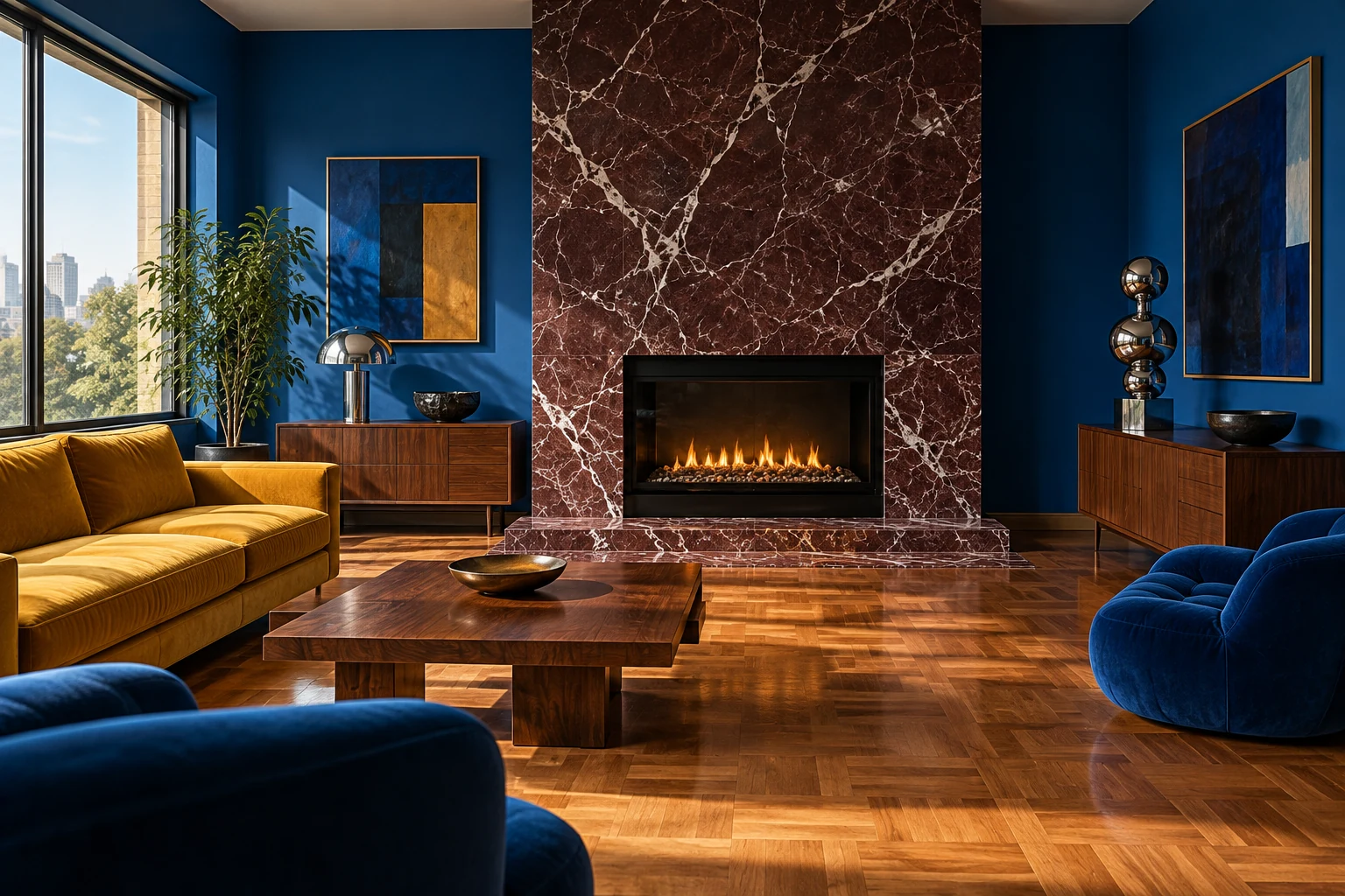 Tall plum stone fireplace portal with cobalt walls and saffron seating