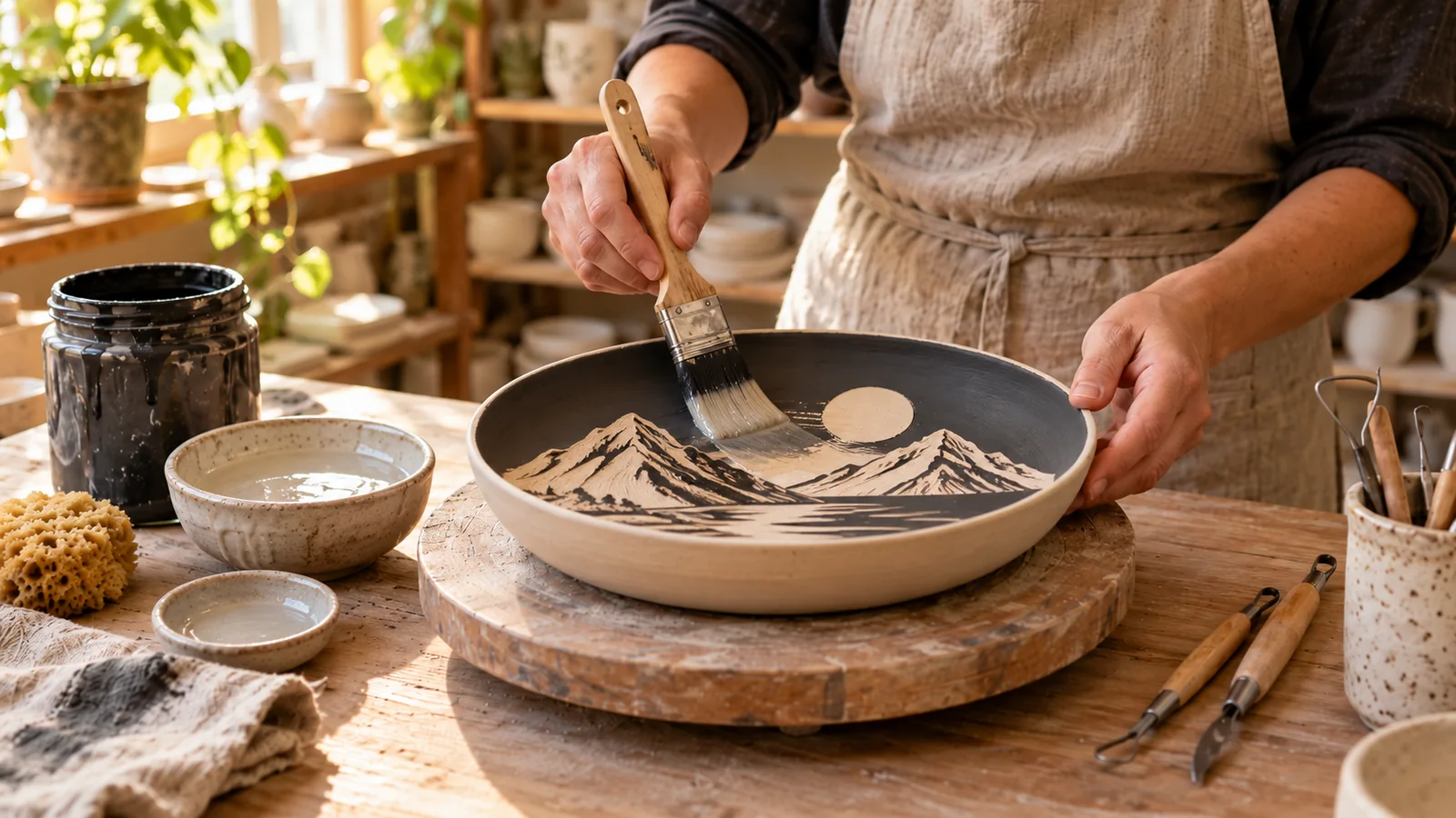 Illustration of an artist brushing transparent glaze onto a black and pale carved mountain dish