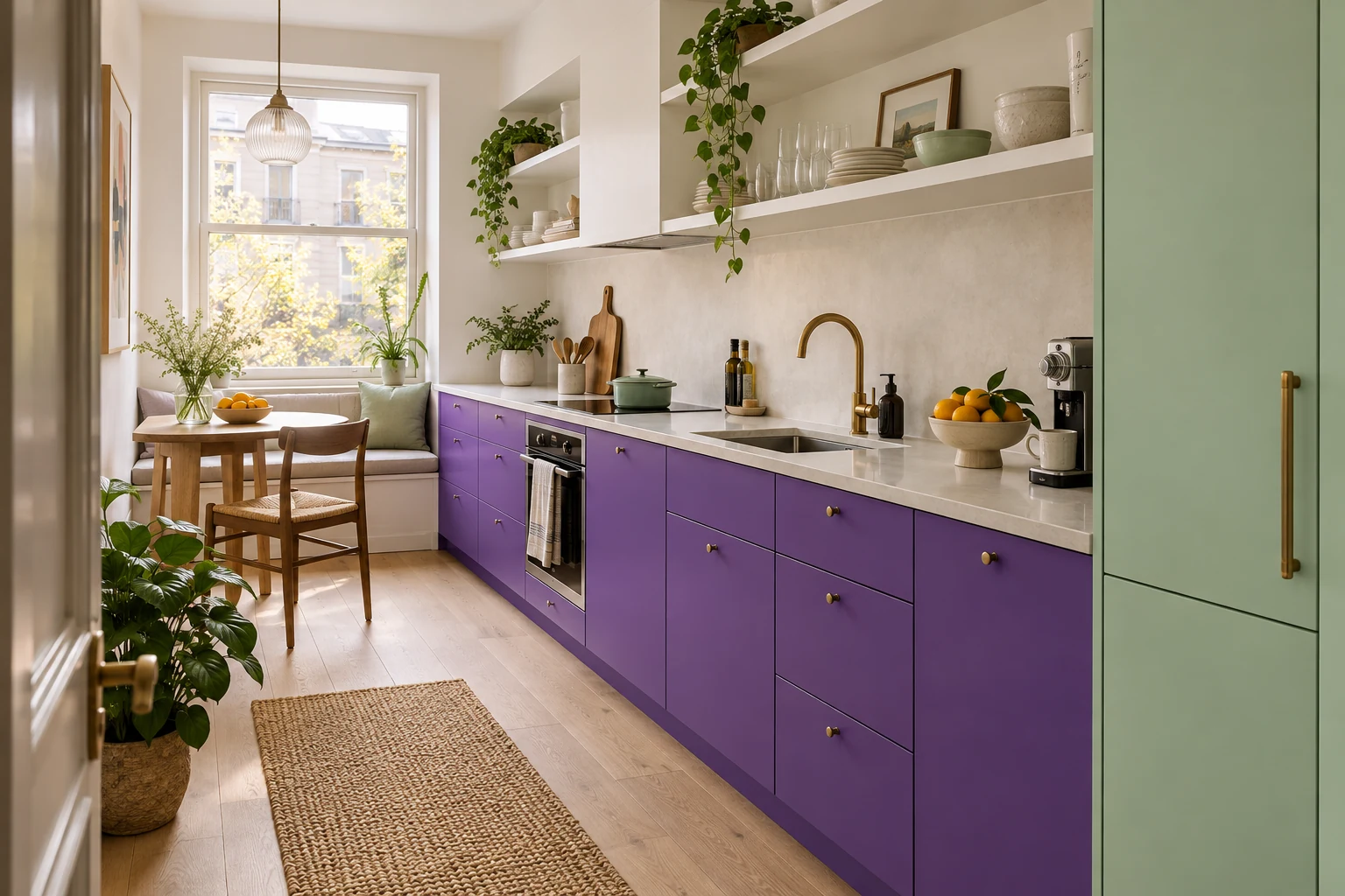 Compact kitchen with violet lower cabinets, mint tall cabinetry and a pale countertop.