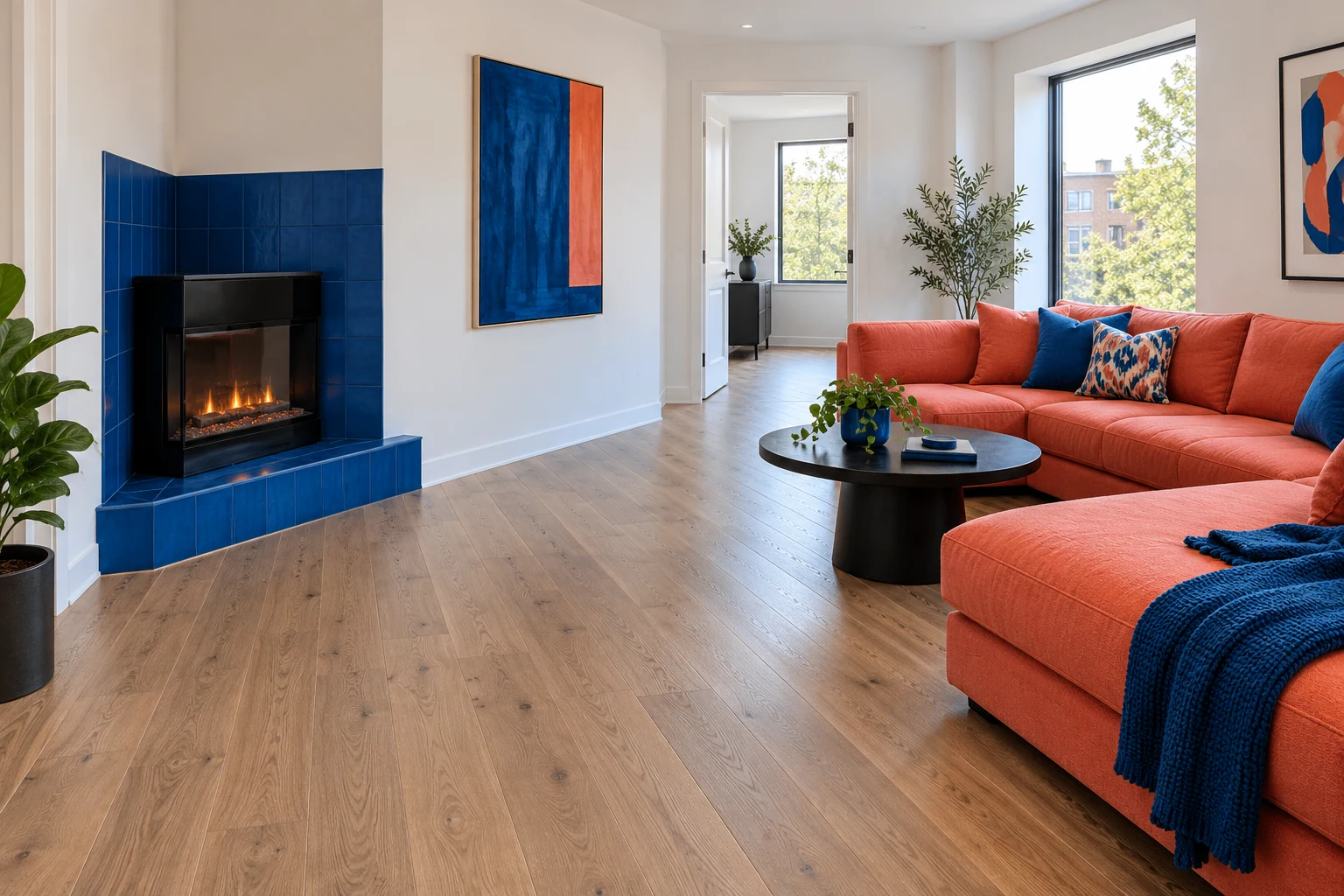 Compact corner electric fireplace on a cobalt tiled plinth facing a coral sectional
