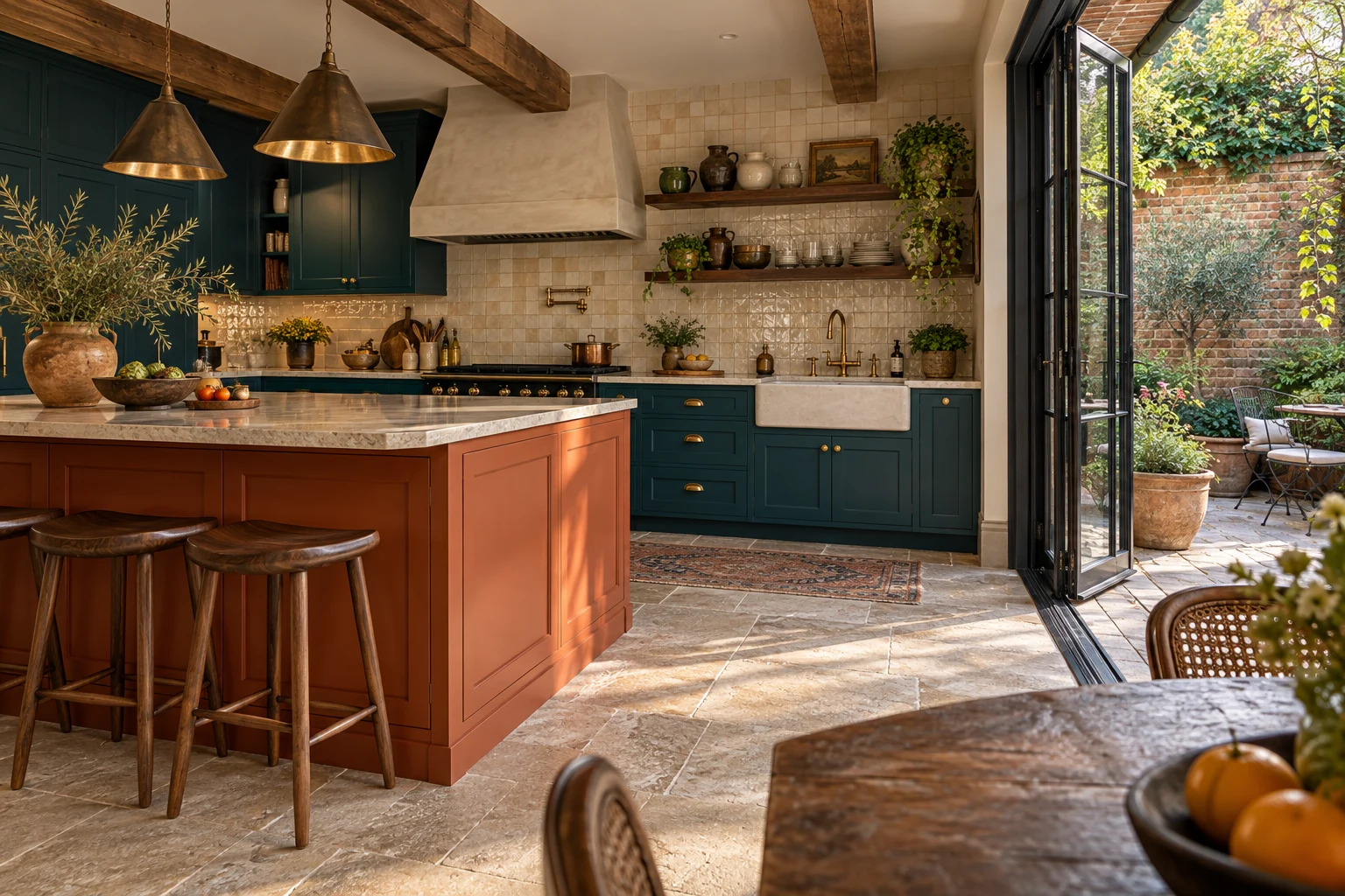 Eclectic kitchen with deep teal cabinets, terracotta-orange island and walnut shelves.